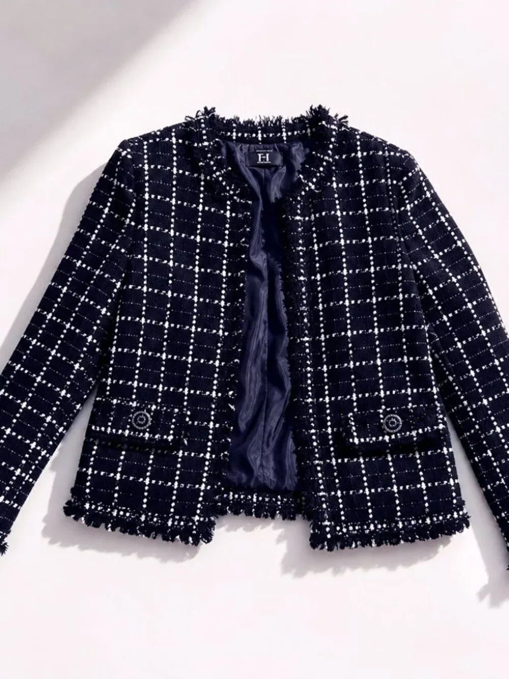 Womens Tweed Jacket Black Silver Size M Textured Fringe Blazer